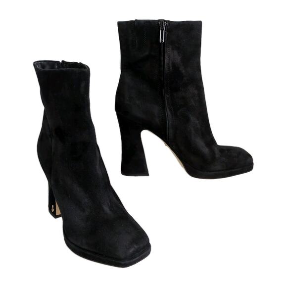 SAM EDELMAN Jaye Black Suede Heeled Ankle Bootie Side Zip Square Toe Women's 10 - Picture 1 of 8
